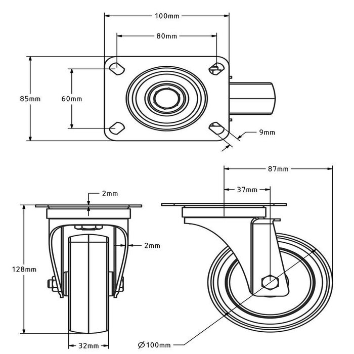 Edelstahl Lenkrolle 100 mm - Gummi - 100 kg