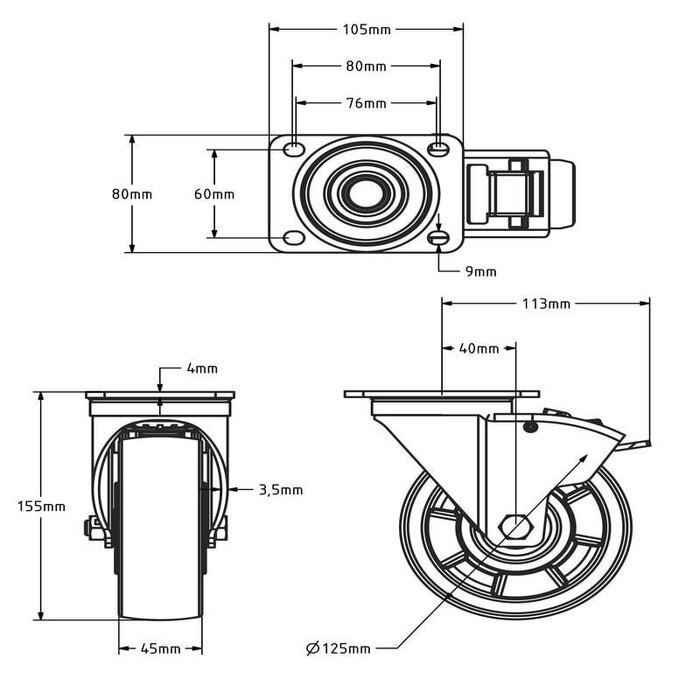 Nylon Lenkrollen mit Bremse 125 mm - Kugellager - 350 kg
