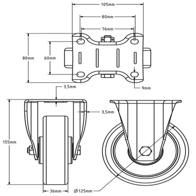 Elastische Gummi-Bockrolle 125 mm - Kugellager - 250 kg