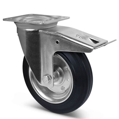 Vollgummi Lenkrolle mit Bremse 200 mm - Stahlfelge und -platte - 205 kg