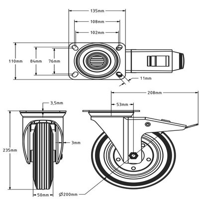 Vollgummi Lenkrolle mit Bremse 200 mm - Stahlfelge und -platte - 205 kg