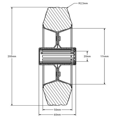 Gummirad 200 mm - Rollenlagerbohrung 20 mm - 205 kg