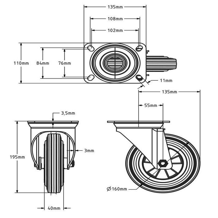 Gummi Lenkrolle 160 mm - Rollenlager - 140 kg