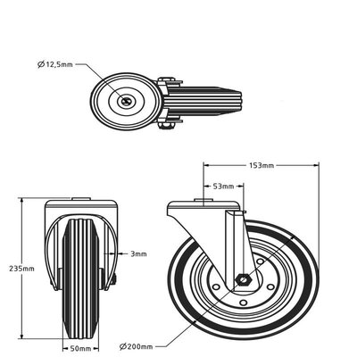 Vollgummi Lenkrolle 200 mm - Stahlfelge und Rückenloch - 205 kg