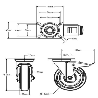 Gummilenkrolle mit Bremse 125 mm - Kugellager - 220 kg