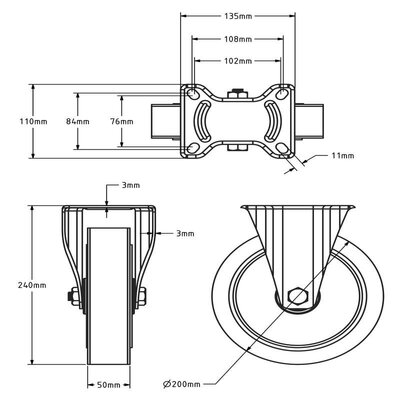 Bockrolle aus Gummi 200 mm - Kugellager - 400 kg