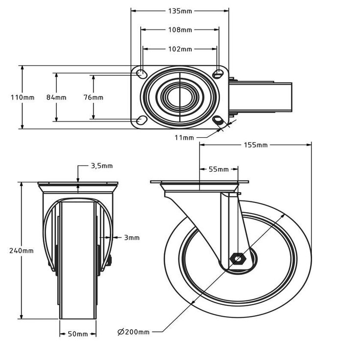 Gummilenkrolle 200 mm - Kugellager - 400 kg
