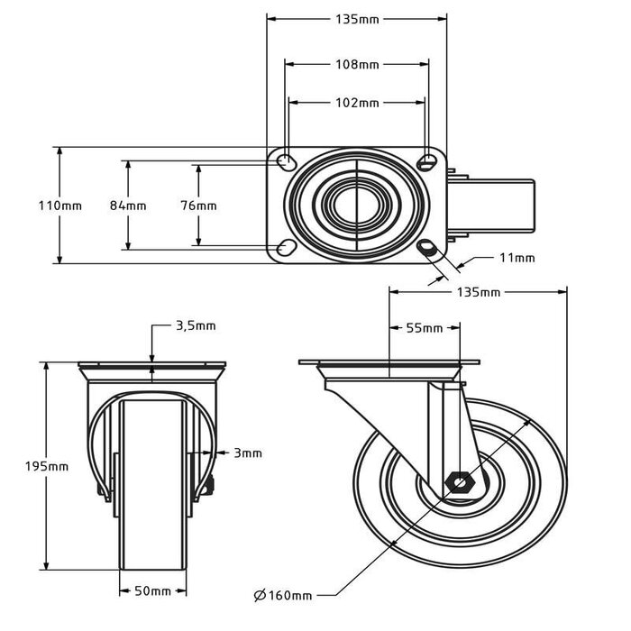 Gummilenkrolle 160 mm - Kugellager - 350 kg