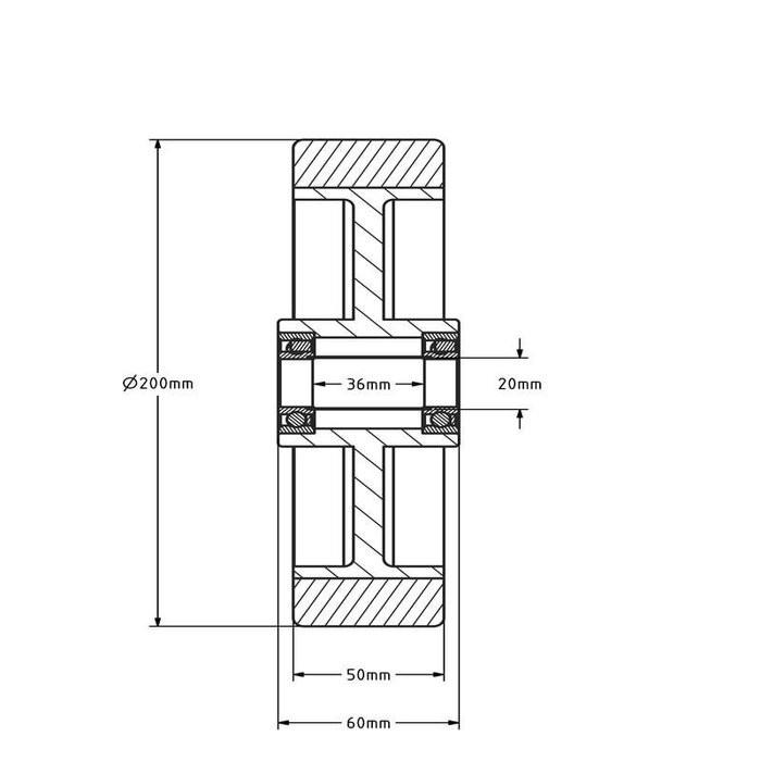 Gummirad 200 mm - Kugellagerbohrung 20 mm - 400 kg
