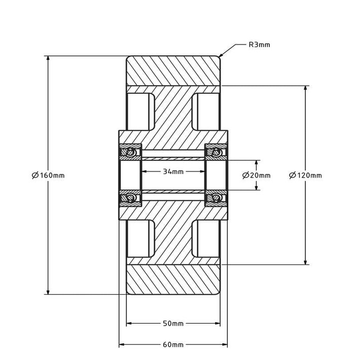 Gummirad 160 mm - Kugellagerbohrung 20 mm - 350 kg