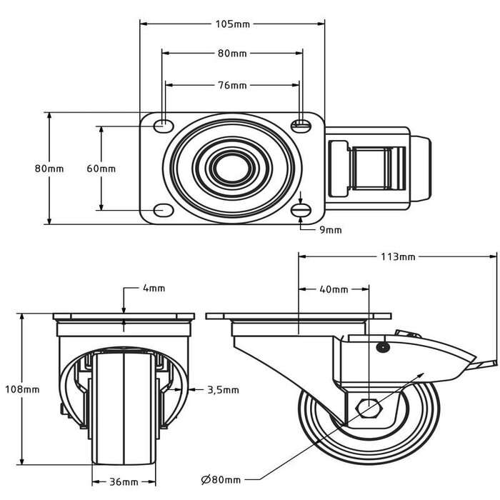 Nylon Lenkrollen mit Bremse 80 mm - Kugellager - 200 kg