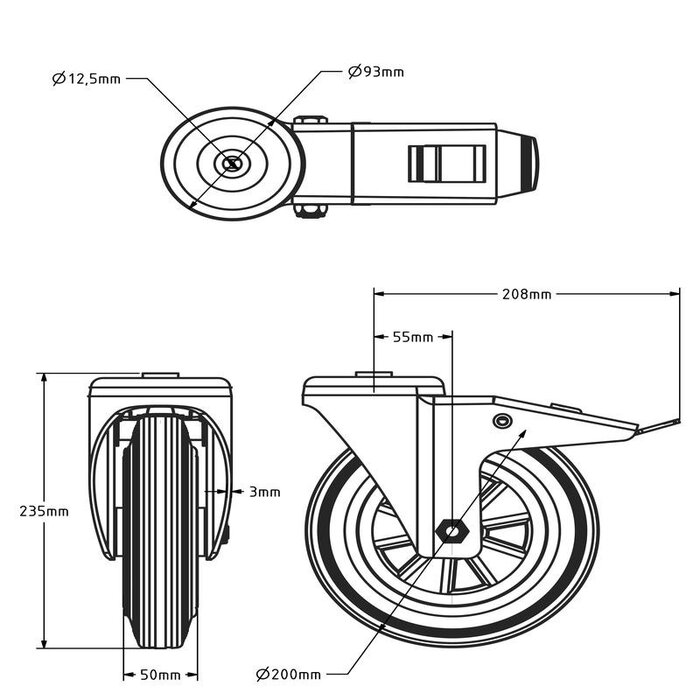 Gummi Lenkrollen mit Bremse 200 mm - Rollenlager - 205 kg
