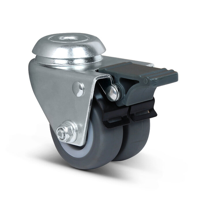 Doppel Lenkrolle mit Bremse 50 mm - Bolzenloch - 80 kg