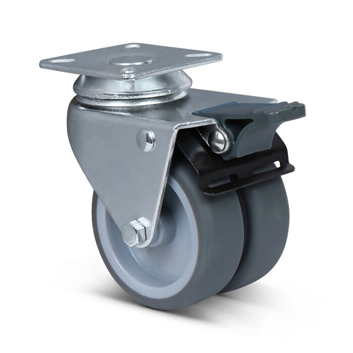 Doppelte Lenkrolle mit Bremse 75 mm - Platte - 120 kg