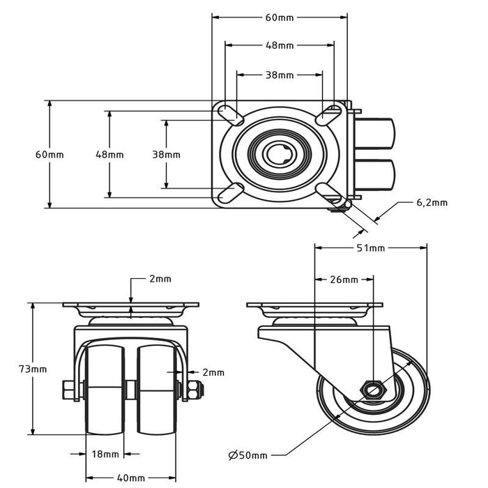 Doppel Lenkrolle 50 mm - Platte - 80 kg