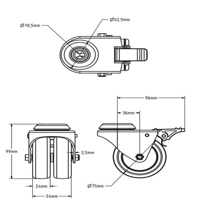 Doppellenkrolle mit Bremse 75 mm - Bolzenloch - 120 kg