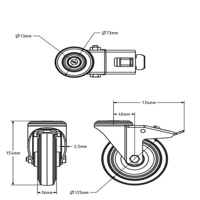Schwarze Lenkrolle mit Bremse 125 mm - Rollenlager - 200 kg