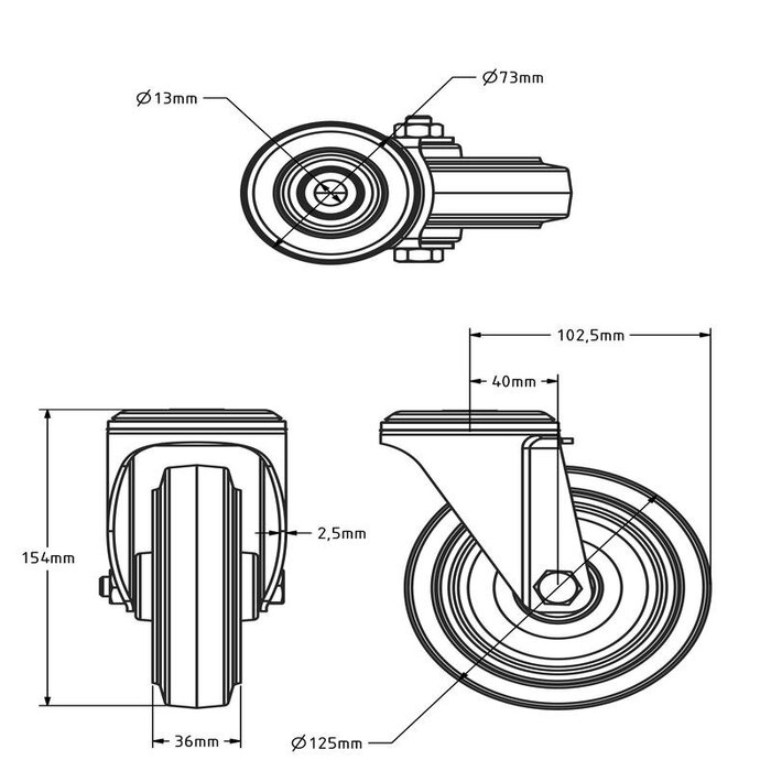 Schwarze Lenkrolle 125 mm - Rollenlager - 200 kg