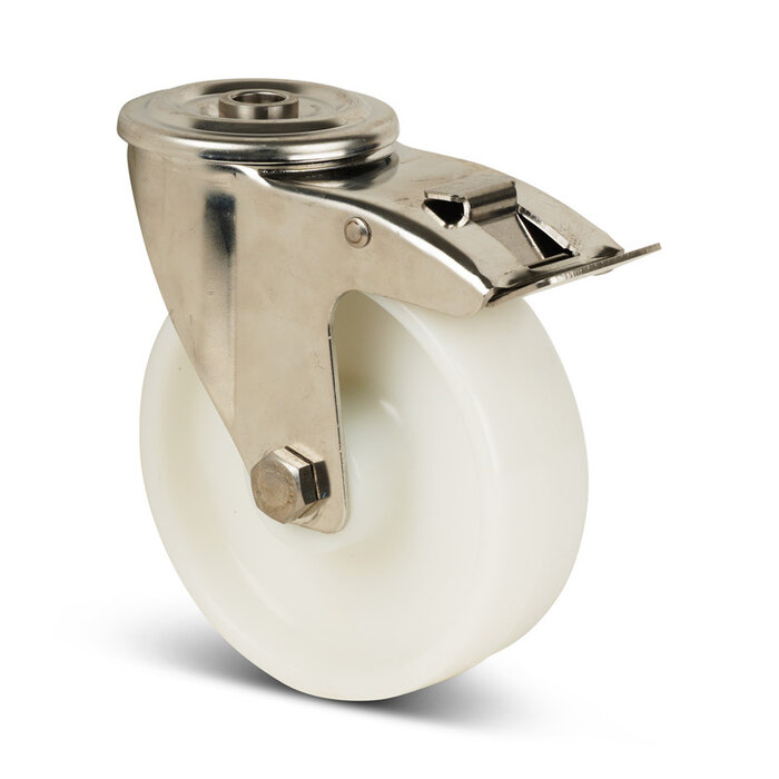 Lenkrollen mit Bremse aus Edelstahl 80 mm - Nylon - 120 kg