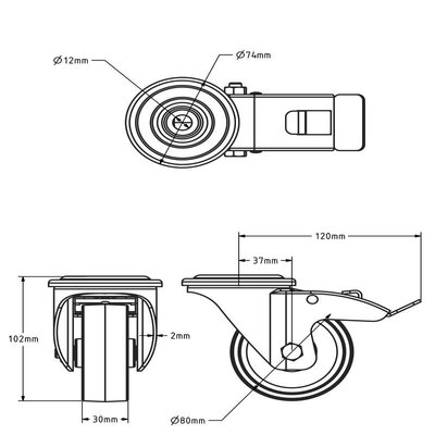 Lenkrollen mit Bremse aus Edelstahl 80 mm - Nylon - 120 kg