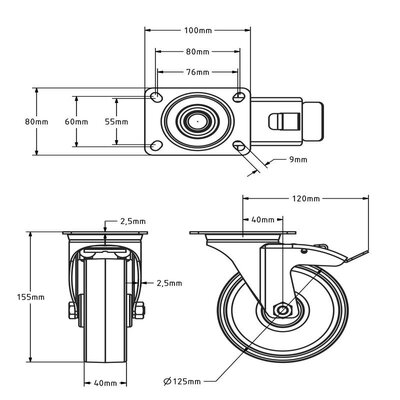 Lenkrollen mit Bremse aus Edelstahl 125 mm - Nylon - 150 kg