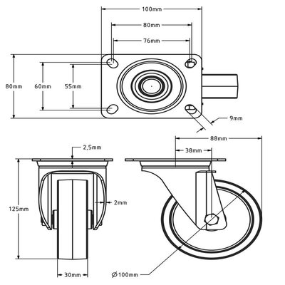 Edelstahl Lenkrolle 100 mm - Nylon - 150 kg