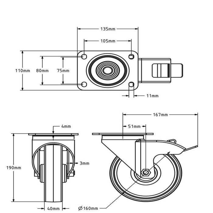 Lenkrollen mit Bremse aus Edelstahl 160 mm - Nylon - 300 kg