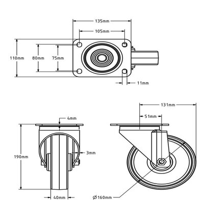 Edelstahl Lenkrolle 160 mm - Nylon - 300 kg