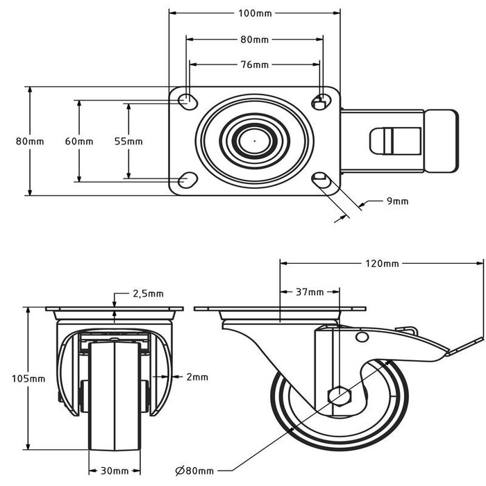 Lenkrollen mit Bremse aus Edelstahl 80 mm - Nylon - 120 kg