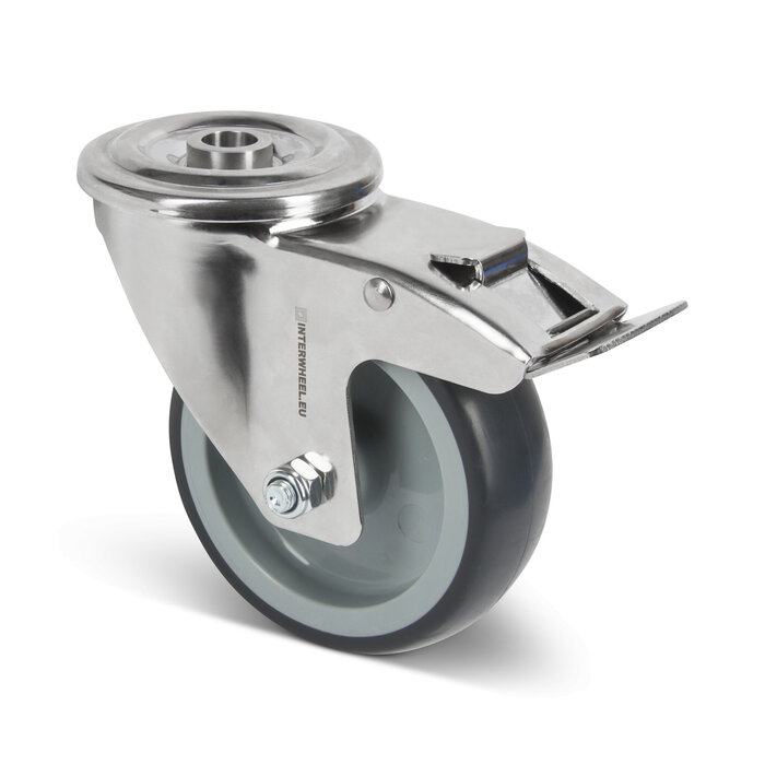 Lenkrollen mit Bremse aus Edelstahl 100 mm - Gummi - 100 kg