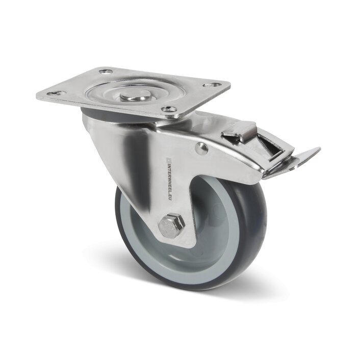 Lenkrollen mit Bremse aus Edelstahl 100 mm - Gummi - 100 kg