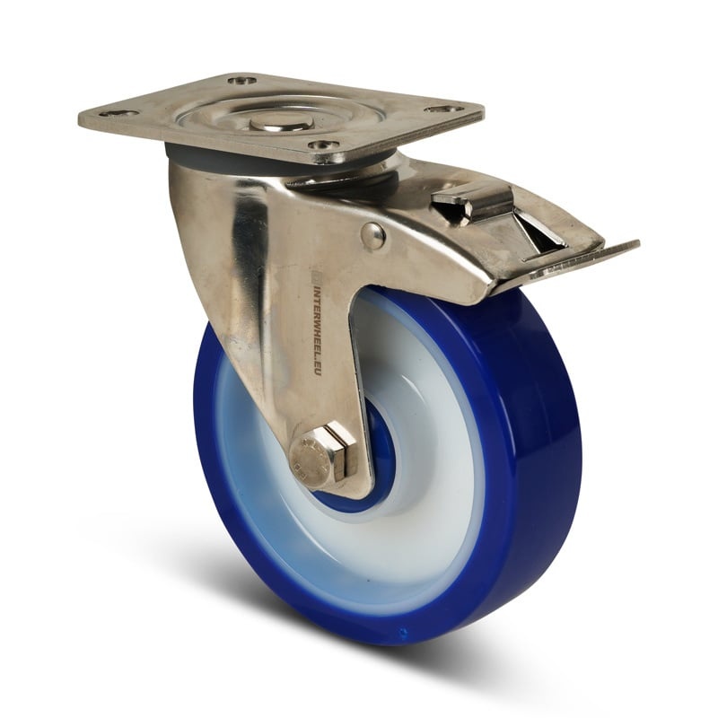 Polyurethan-Lenkrolle mit Bremse 80 mm - Edelstahl - 120 kg