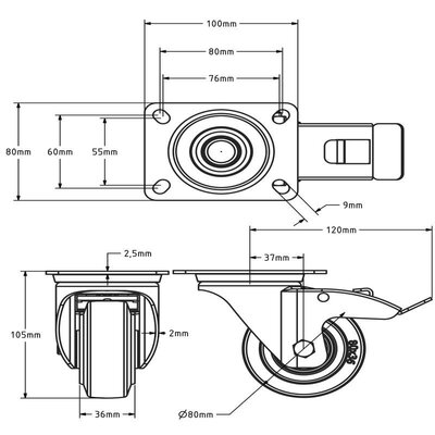Edelstahl Lenkrollen 80 mit Bremse - Elastischer Gummi - 110 kg