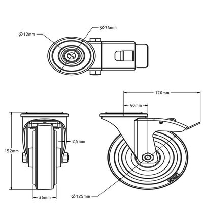 Lenkrollen mit Bremse aus Edelstahl 125 mm - Elastischer Gummi - 190 kg