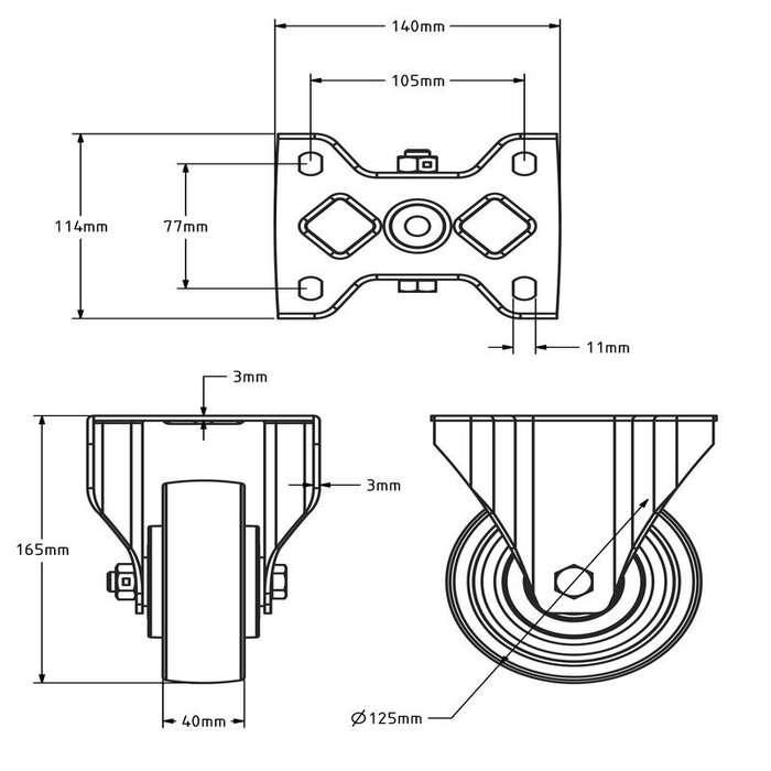 Edelstahl Schwerlast Bockrolle 125 mm - Nylon - 700 kg