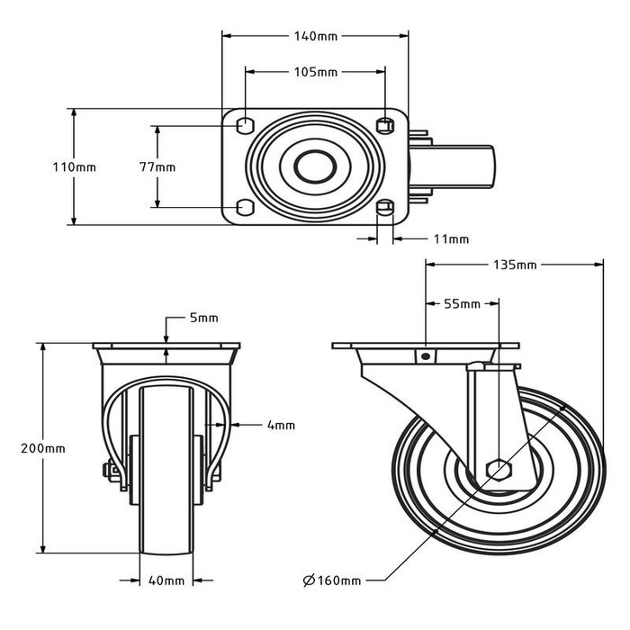 Derby Ruote Edelstahl Schwerlast Lenkrollen 160 mm - Nylon - 700 kg