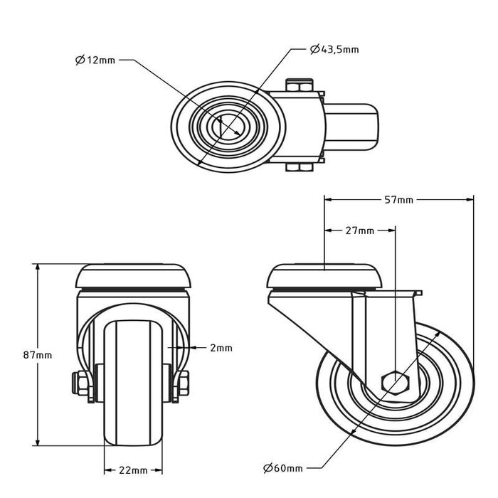 Derby Ruote Edelstahl Lenkrolle 60 mm - Gummi - 40 kg