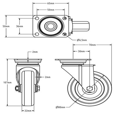 Derby Ruote Edelstahl Lenkrolle 80 mm - Gummi - 60 kg