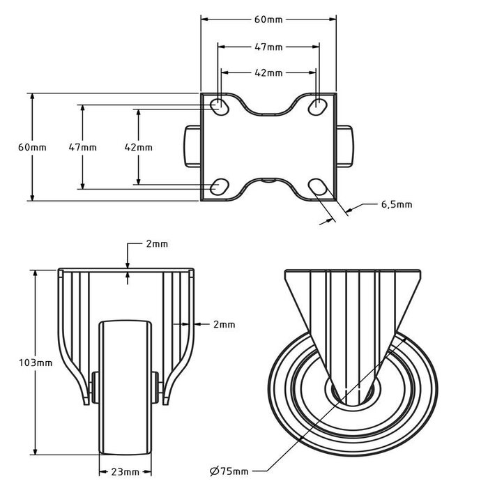 Bockrolle aus Edelstahl 75 mm - Gummi - 60 kg