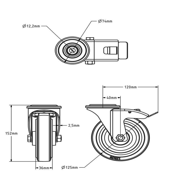 Edelstahl Gummi Lenkrolle mit Bremse 125 mm - 190 kg