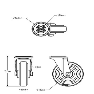 Edelstahl Lenkrollen 125 mm - Elastischer Gummi - 190 kg