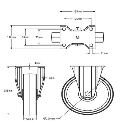 Bockrolle aus Edelstahl 200 mm - Nylon - 300 kg