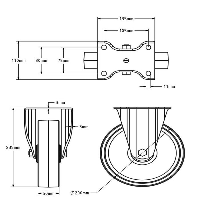 Bockrolle aus Edelstahl 200 mm - Nylon - 300 kg