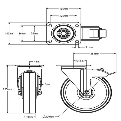 Lenkrollen mit Bremse aus Edelstahl 200 mm - Nylon - 300 kg