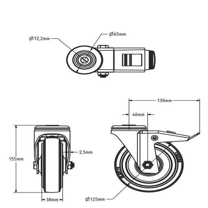 Elastische Gummi-Lenkrolle mit Bremse 125 mm - Kugellager - 220 kg