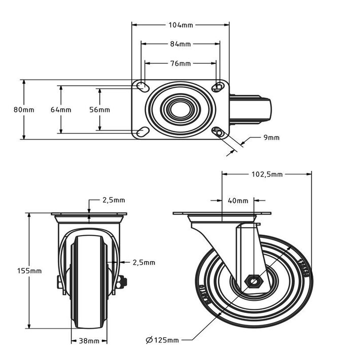 Elastische Gummi-Lenkrolle 125 mm - Kugellager - 220 kg