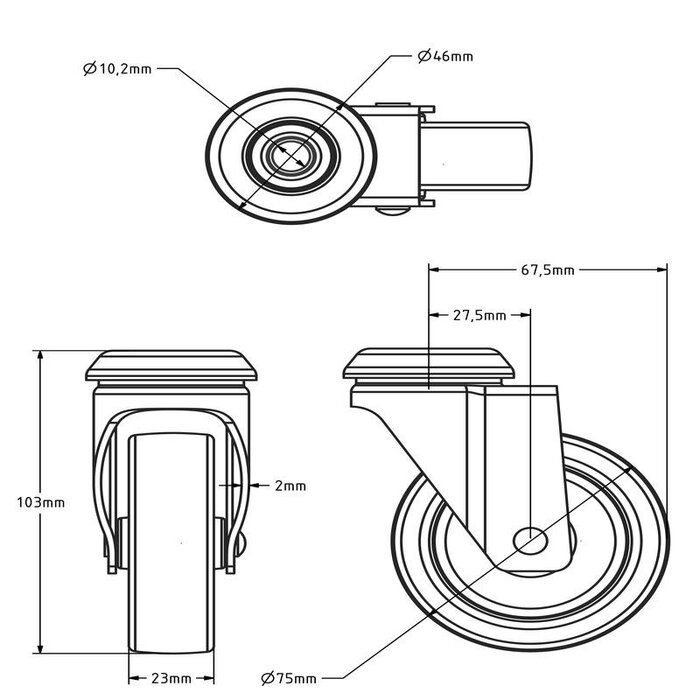 Edelstahl Lenkrolle 75 mm - Gummi - 60 kg