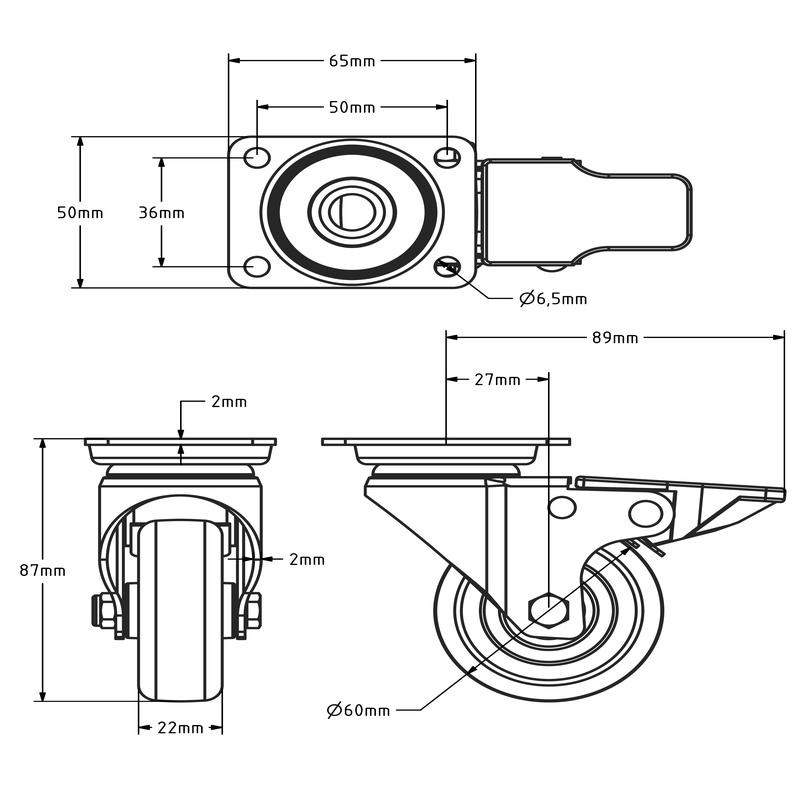 Apparate-Lenkrolle mit Bremse 60 mm - Edelstahl - 40 kg