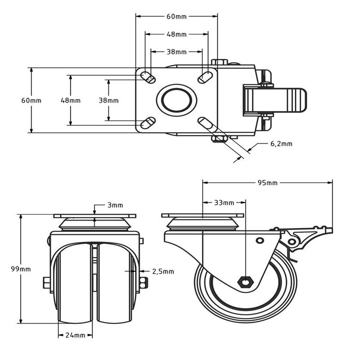 Apparate-Doppelrolle mit Bremse 75 mm - Kugellager - Platte - 120 kg