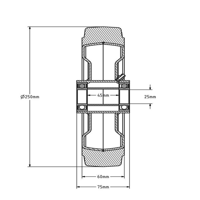 Gummirad 250 mm - Kugellagerbohrung 25 mm - 850 kg